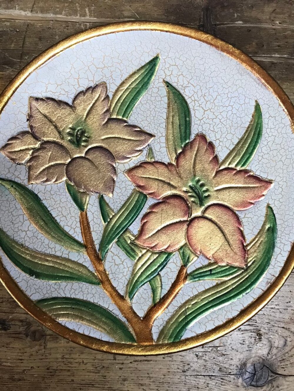 Ceramic Plate Wall Art w/Embossed Floral Motif and Crackle Glaze